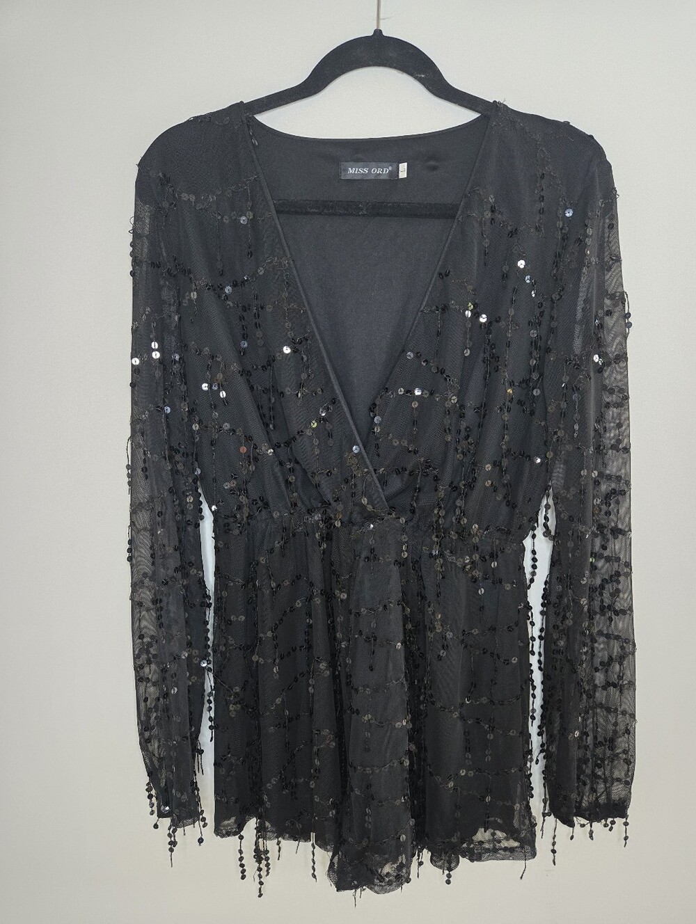 Miss Ord Black Sequin Deep V Romper with Sheer Long Sleeves - New